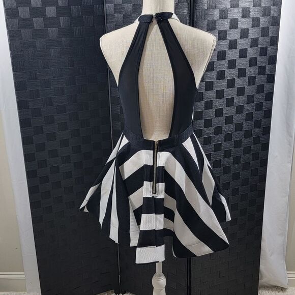 Black /White Stripe Fit Flair Mini Dress with Open Back Size Medium. #167 - Picture 3 of 12